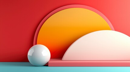Abstract Geometric Composition Red and Orange Semi circles, White Sphere, Minimalist Design
