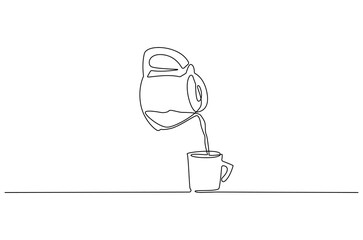 Continuous one line drawing of Coffee or tea pouring into the cup. Single line drawing illustration of pouring Coffee or tea. Coffe or tea concept vector art. Doodle line illustration.