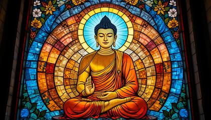Obraz premium Stunning Stained Glass Buddha: Peaceful Meditation in Vibrant Colors