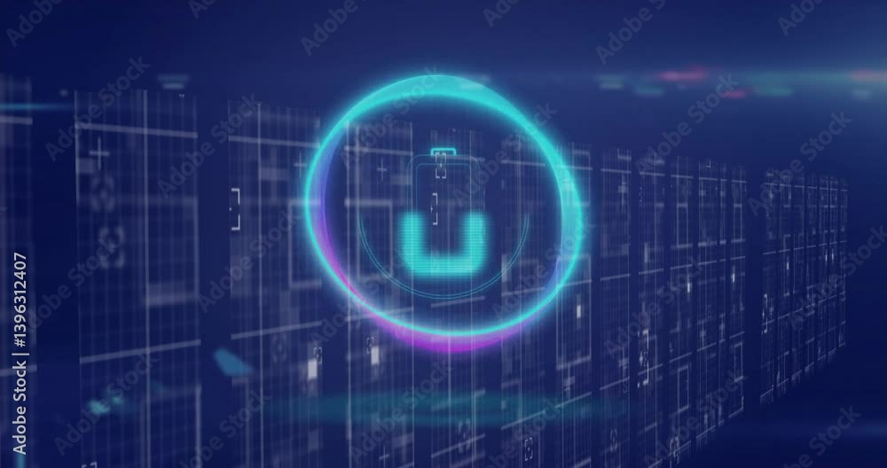 Poster animation of futuristic digital interface with glowing circle and smartphone icon