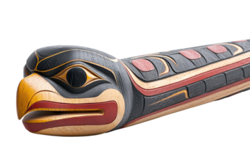 Carved wooden bird with a red and black beak and yellow eyes