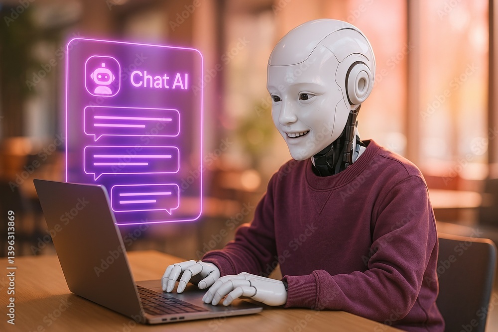 Poster smiling humanoid robot engages with chat ai on laptop in a cozy setting