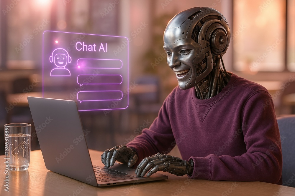 Poster smiling modern robot engaging with chat ai on laptop in cozy cafe setting