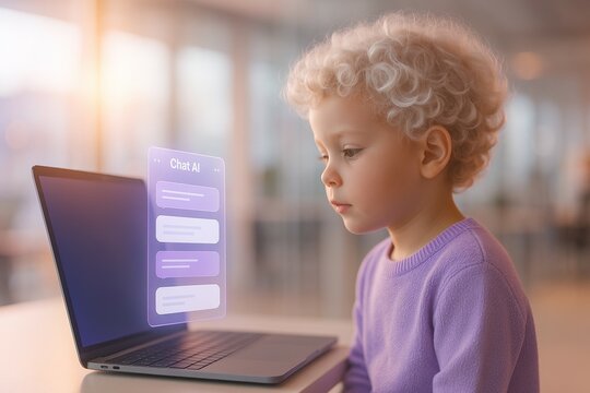 Young caucasian child interacting with ai chat on laptop in bright room