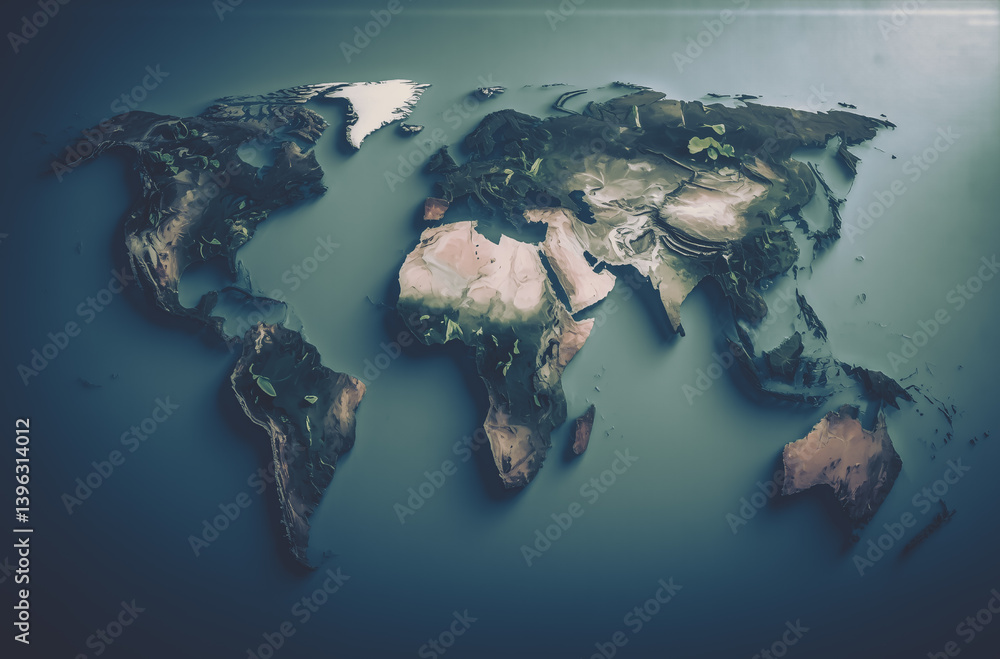 Poster 3d world map render with textured continents in earthy tones. a dramatic light source illuminates th