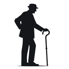 Elderly Gentleman Silhouette - Cane, Walking Stick, Senior Citizen Clipart