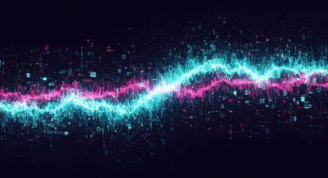 Abstract AI data flow with binary code and digital waves digital photo