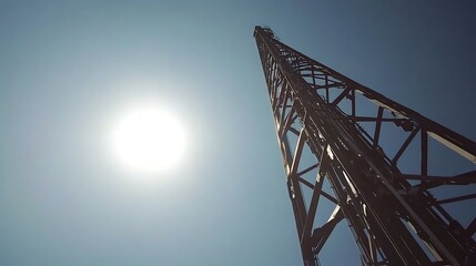 A towering structure silhouetted against a bright sun and clear blue sky, showcasing intricate metalwork and geometric shapes, evoking a sense of industrial strength and engineering innovation