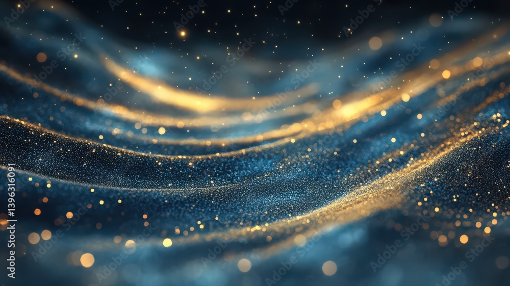 Poster abstract golden and blue wavy background with bokeh lights and sparkling particles, flowing design e