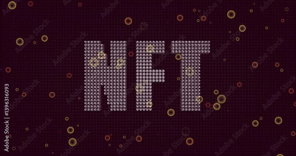 Poster animation of digital pattern with nft text, abstract bubbles floating around