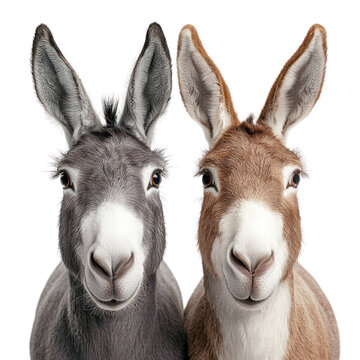 Curious donkeys in close-up farmstead animal portraits natural habitat eye-level view whimsical charm