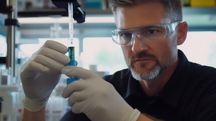 Laboratory professional in protective gear conducting scientific experiments with precision measuring equipment