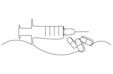 Continuous one line drawing of medicine in the medical syringe. Single line drawing illustration of Pills with syringe. Medical drugs concept vector art. Doodle line illustration.