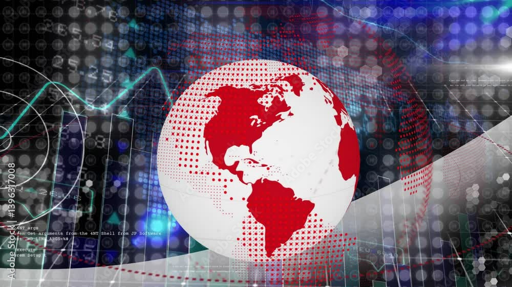 Poster globe with red continents over digital data and financial graph animation