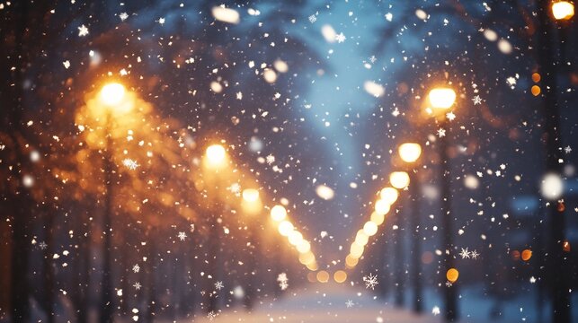 Magical snowfall under streetlights Christmas Eve A romantic and peaceful winter night with snowflakes gently falling
