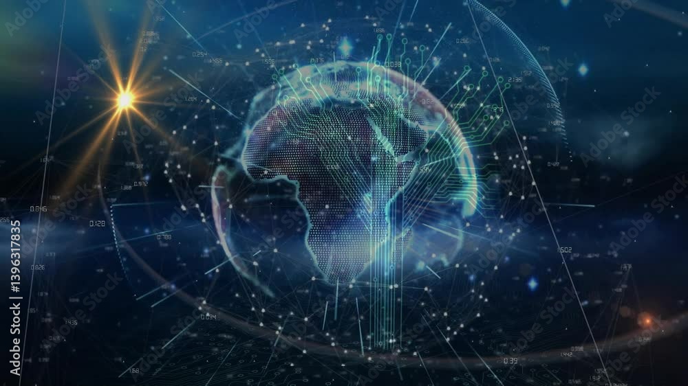 Poster animation of digital globe with glowing network connections in space