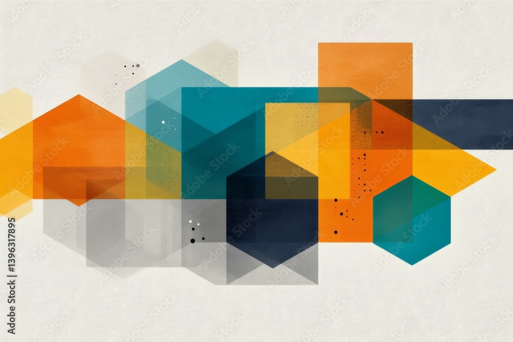 Poster geometric abstract art with colorful overlapping hexagons and transparent cubes