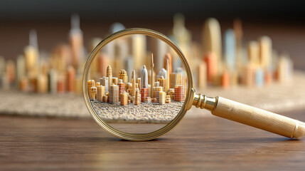 A magnifying glass hovers over a miniature city model, symbolizing precision in land surveying, urban planning, and the meticulous attention to detail in modern geographic analysis.

