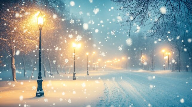 Magical snowfall under streetlights Christmas Eve A romantic and peaceful winter night with snowflakes gently falling - Powered by Adobe