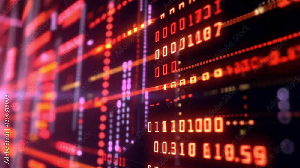 Poster vibrant digital background glowing binary code and data streams in red and purple, creating futurist