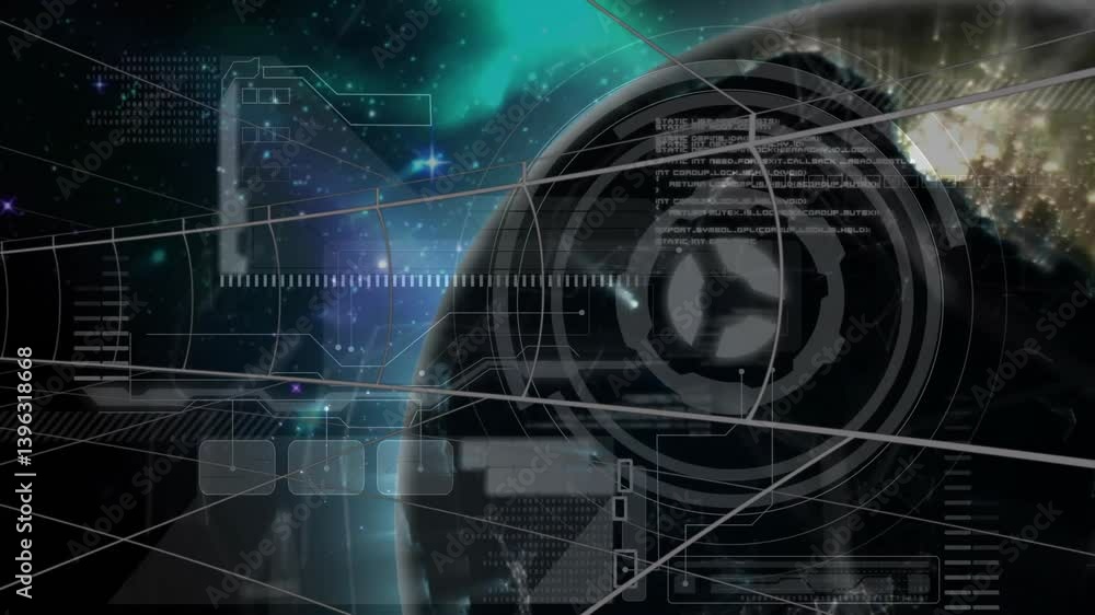 Poster animation of futuristic technology interface with gears and digital data