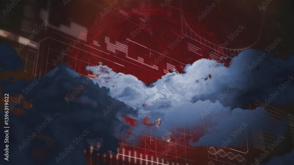 Poster animation of clouds moving over digital interface with graphs in school setting