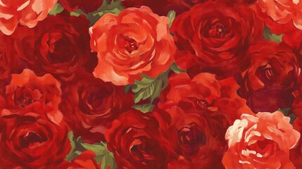 Obraz premium Red roses create an all-over pattern, with leaves adding a pop of green. Shades of crimson and scarlet add depth