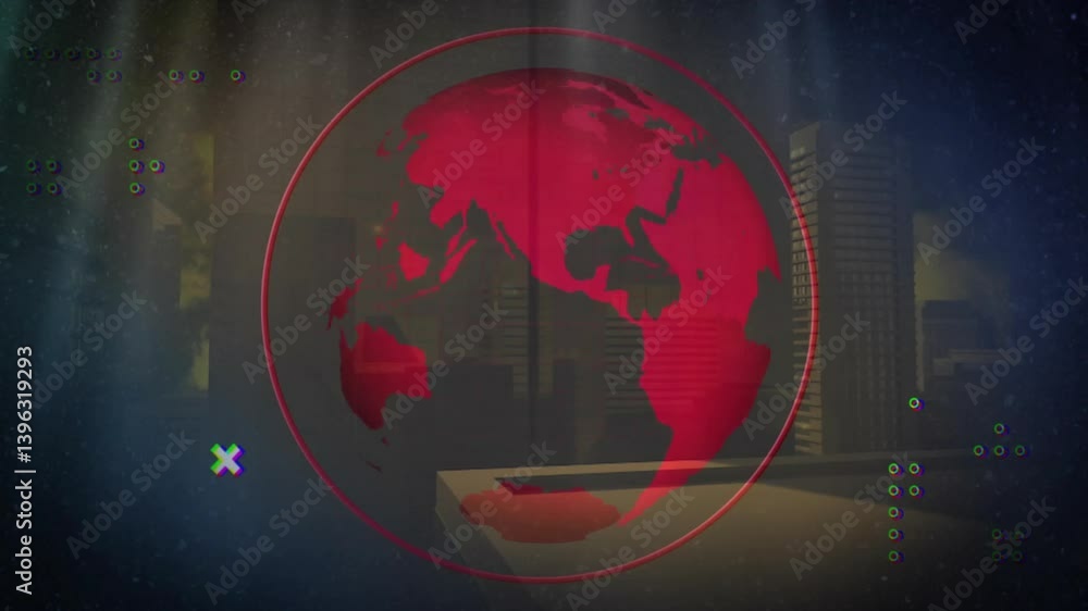 Poster red globe animation over cityscape with digital effects and abstract elements