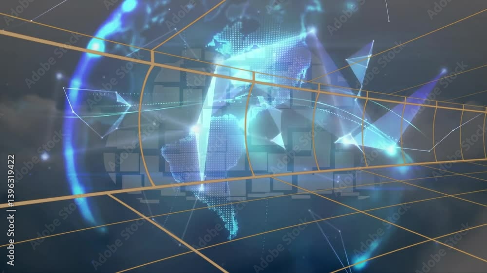 Poster digital globe with network lines and geometric shapes over world map animation