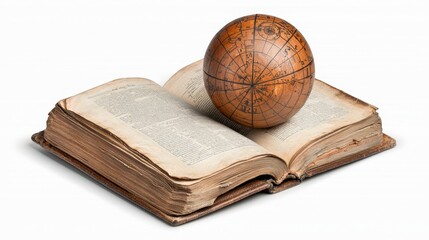 Antique Book with Celestial Globe, Aged Leather Cover, Brown Tones, White Background