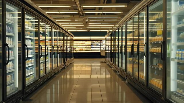 Bright grocery store aisle with glass refrigerators filled with beverages.
