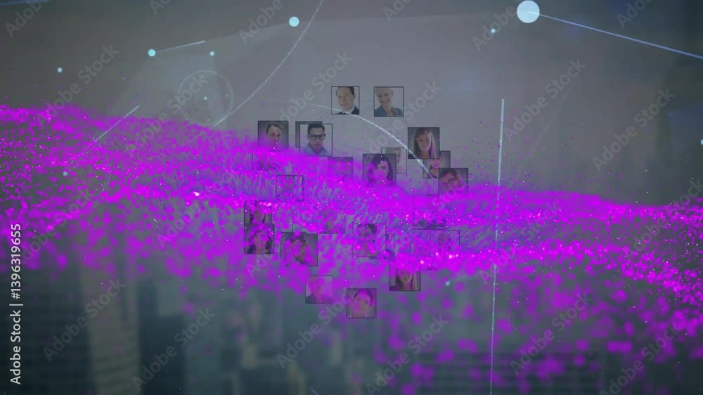 Poster digital network connections and data processing animation over diverse portraits