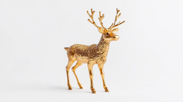 Miniature golden reindeer figurine elegantly posed against clean white background for a chic festive look