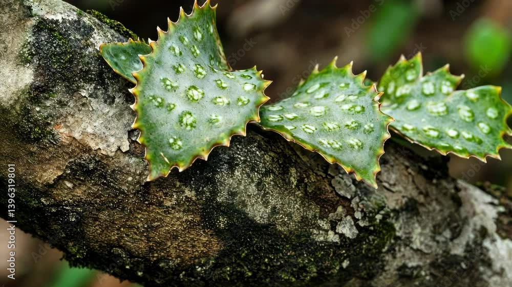 Poster unique green leaves with spiked edges growing on a textured tree branch in a lush forest setting