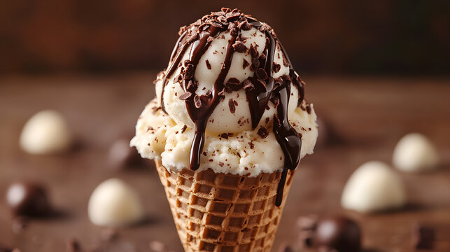 un rico helado de vainilla con chocolate derretido en cono postre dulce y delicioso sobre un fondo con chocolates en trozos refrescante para el calor en verano