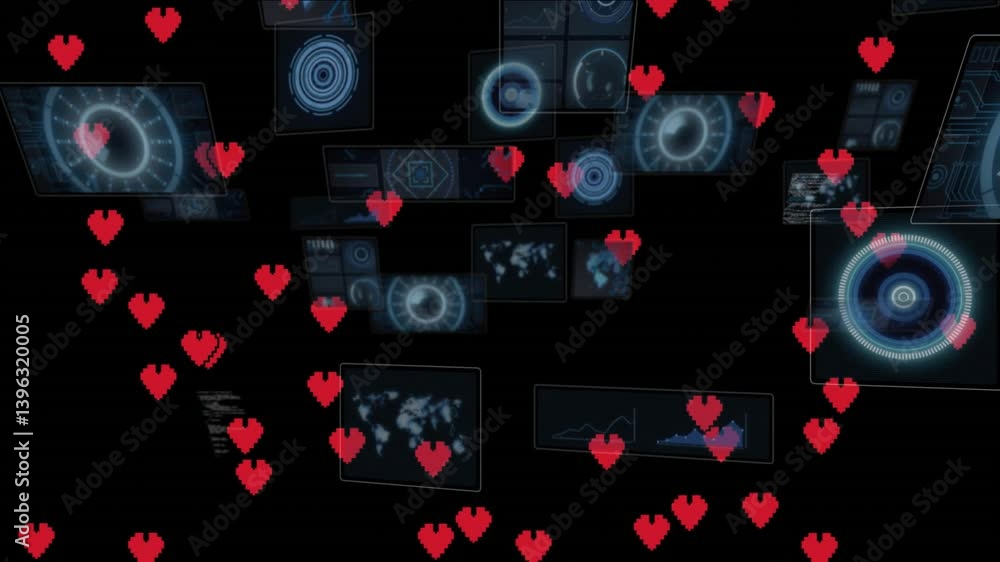Poster animation of digital interface with red heart icons on futuristic screens