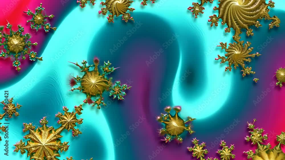 Poster colorful fractal design with swirling patterns and golden details on a vibrant background