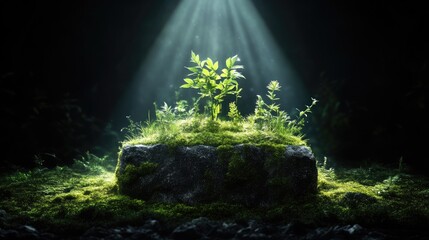 Small plant sprouting from a mossy rock, bathed in light