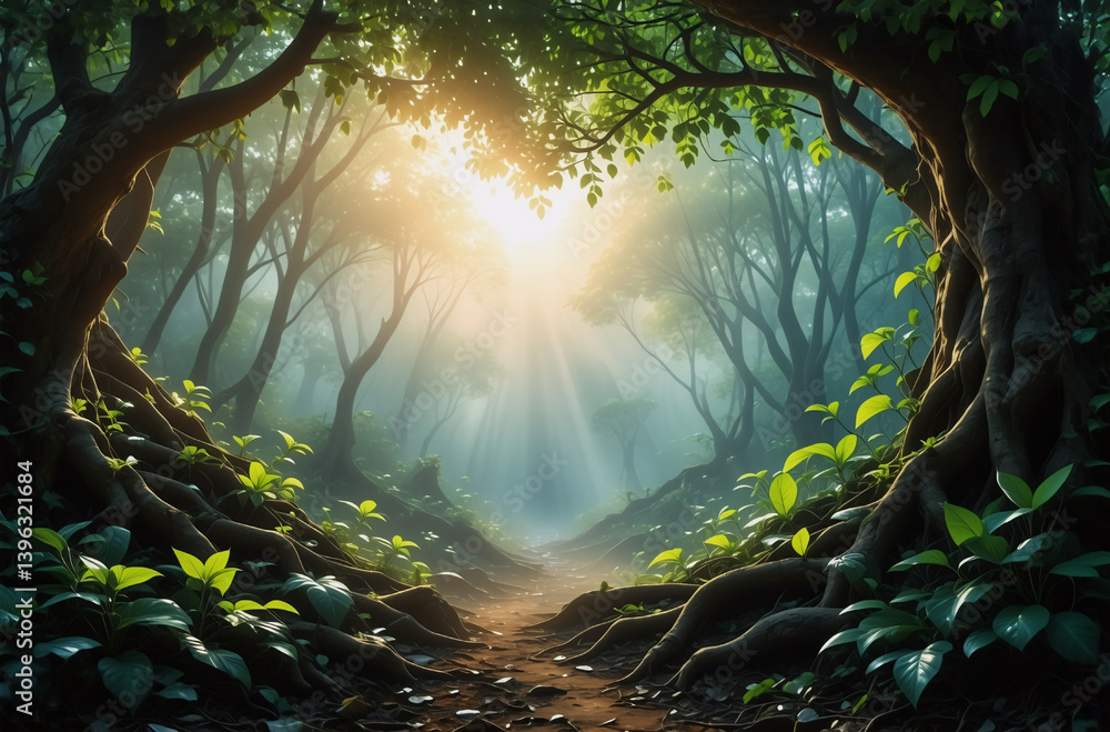 Poster sunlight filters through dense trees, illuminating a winding path in a lush forest. roots and green 