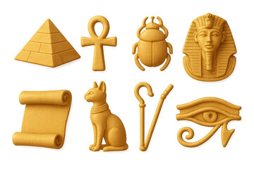 3D vector icons of ancient Egyptian artifacts: sarcophagus, ankh, scarab beetle, canopic jar papyrus scroll, Eye of Ra, scepter, pharaoh mask. Golden sandy 3D shading