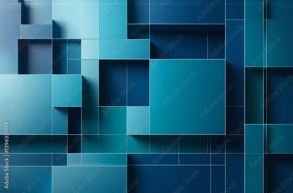 Poster modern abstract background featuring overlapping squares and rectangles in varying tones of blue, cr