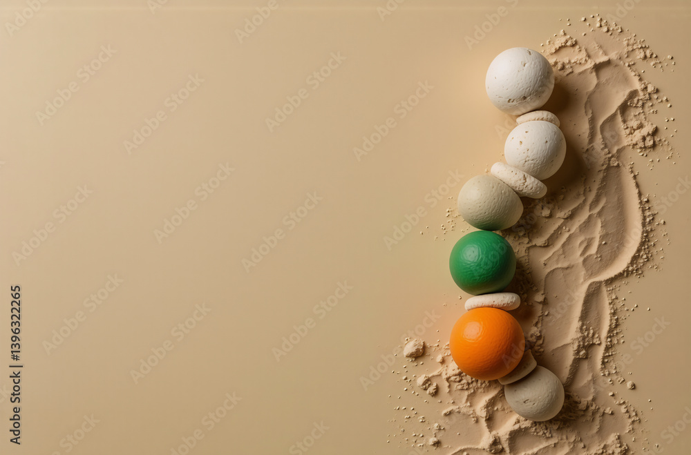 Poster a vertical line of round objects in varied neutral tones, with a vibrant green and orange sphere, re