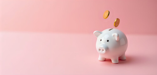 A white piggy bank with a gold coin coming out of it.