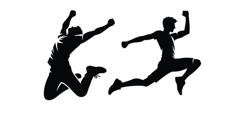 Dynamic Jumping Silhouettes - Two Men Leaping in Excitement Black & White Clipart