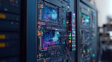 Server racks display intricate data patterns, lights, and complex circuitry in a technology center