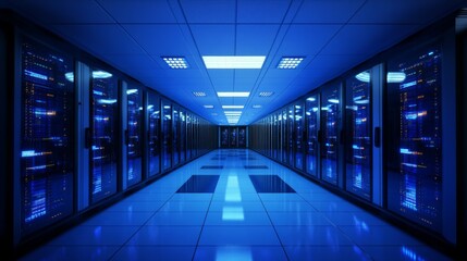 Fototapeta premium Server room corridor. Servers line the walls, illuminated by bright blue light. Floor tiled. Futuristic, digital