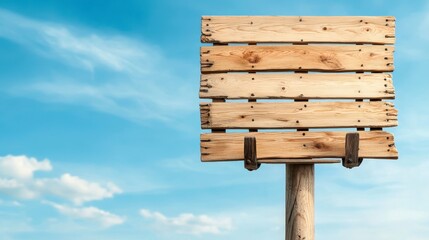 Blank Weathered Wooden Sign Against a Blue Sky