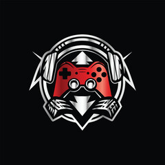 video game controller logo template vector icon illustration design isolated on black background. Devil sport gaming logo template vector. Headphones, joystick, gamepad, headset symbol.  