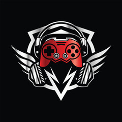 video game controller logo template vector icon illustration design isolated on black background. Devil sport gaming logo template vector. Headphones, joystick, gamepad, headset symbol.  