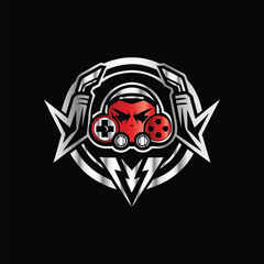 video game controller logo template vector icon illustration design isolated on black background. Devil sport gaming logo template vector. Headphones, joystick, gamepad, headset symbol.  